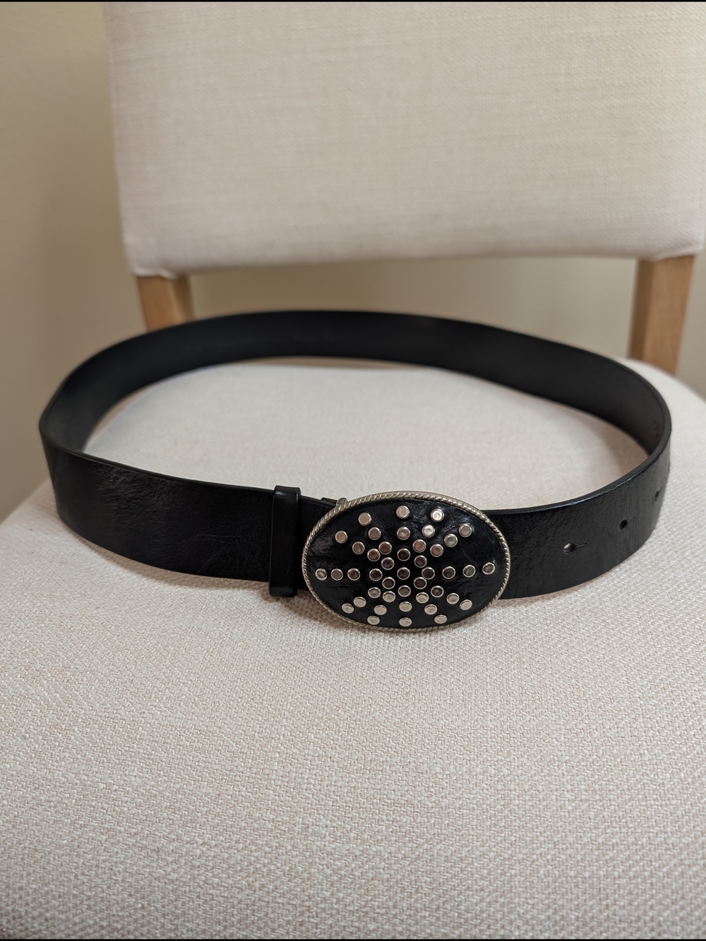 Olga Santini Black Genuine Italian Leather Belt Oval Studded Silver Buckle Women